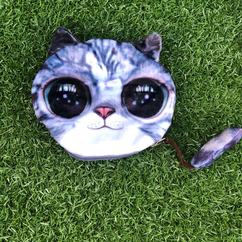 Animal Fidget pouch with Zip - Soft Sensory DARK GREY CAT/GREEN EYES Large